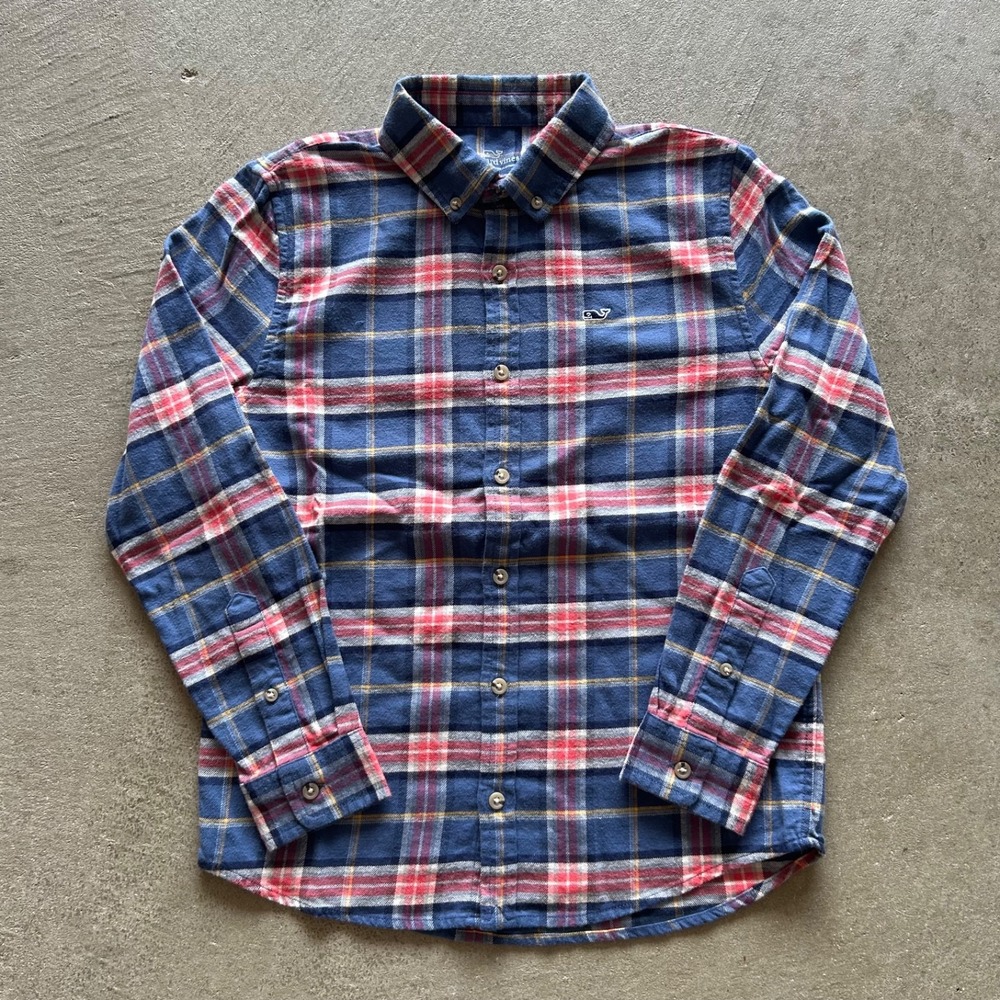 Vineyard Vines Boys Flannel Shirt Size Med 12-14 Plaid Button Down Blue Stretch